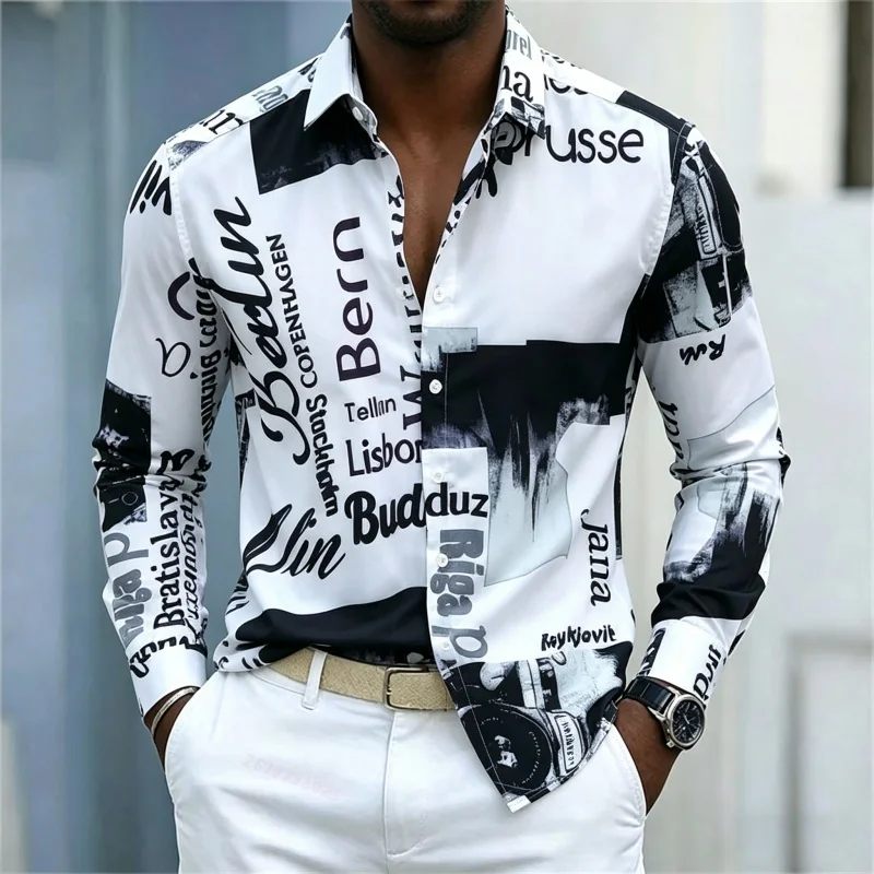 Mens Fashion Casual - Camisa de manga larga estampada para