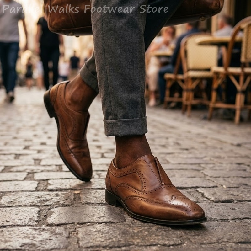 Oxford Shoes Brogue - Zapatos Brogue de Cuero Marrón para