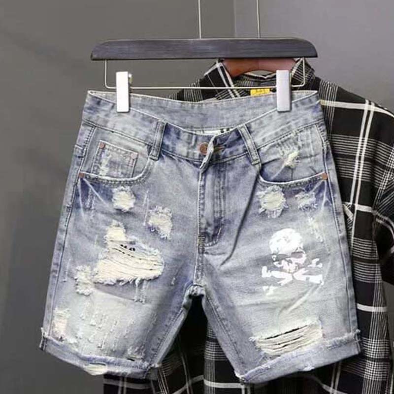 Jeans Pants Fashion Men - Pantalones vaqueros cortos rasgados elásticos con